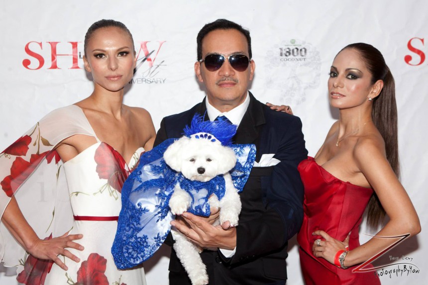 Anthony Rubio holding canine model Bella Mia with models Alek Sandra and Ivon Reyes (Photo By Yoni Levy)