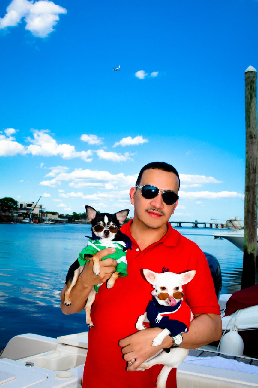 Anthony Rubio with Chihuahuas Bogie & Kimba Boating