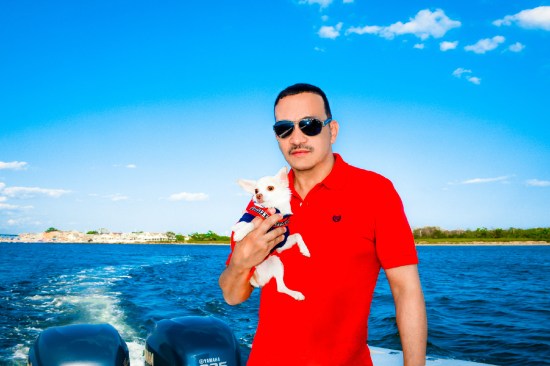 Anthony Rubio with Chihuahuas Bogie & Kimba Boating