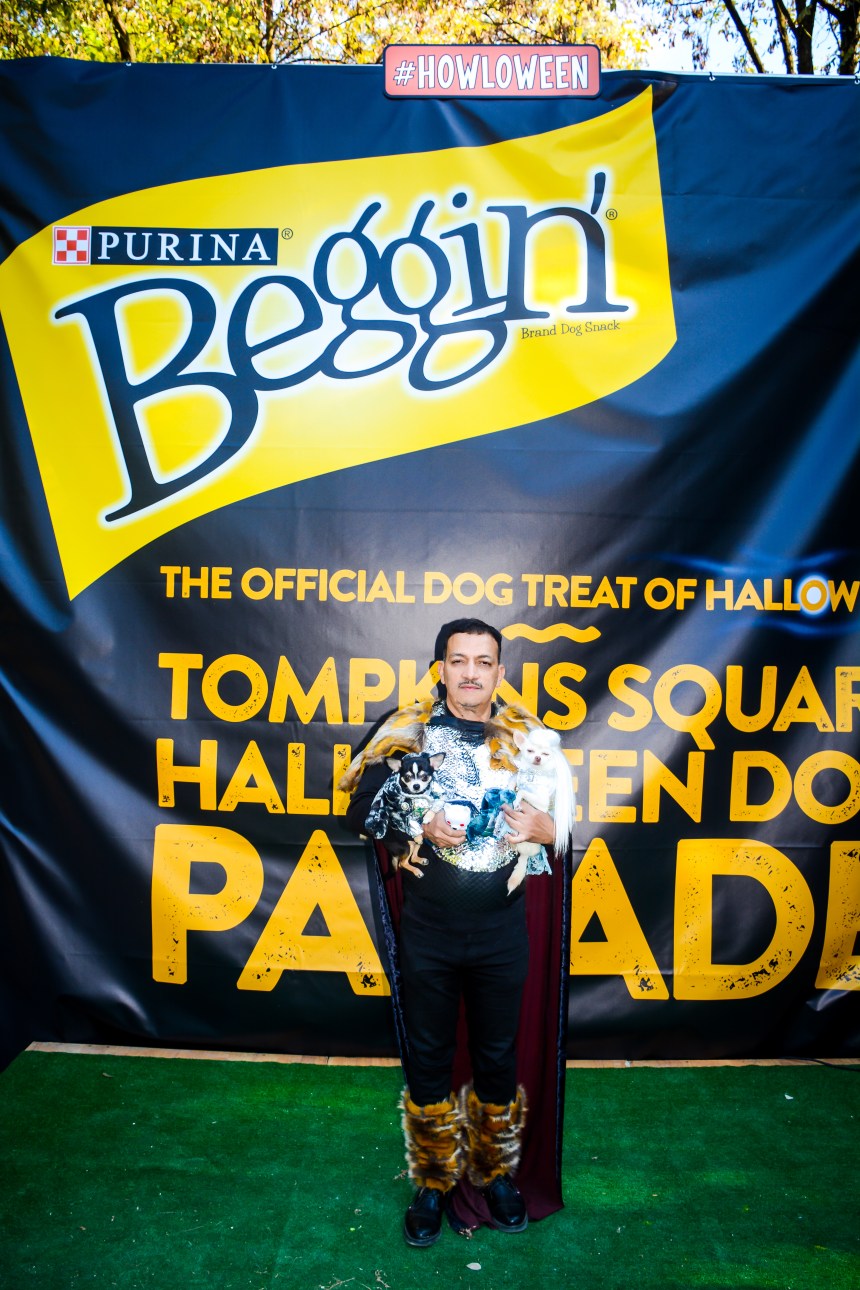 Anthony Rubio with Bogie and Kimba in Games Of Thrones Halloween Dog Costumes at Tompkins Square Park Halloween Dog Parade 2014