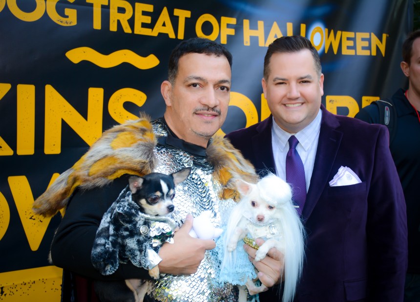 Anthony Rubio & Bogie and Kimba in Games Of Thrones Halloween Dog Costumes with emcee Ross Matthews at Tompkins Square Park Halloween Dog Parade 2014