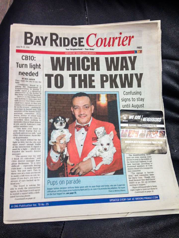 Anthony Rubio on the front page of BrooklynDaily's Bay Ridge Courier. The article is about Bark Post's Puppy Prom.
