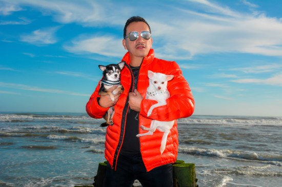 Anthony Rubio with Chihuahuas Bogie and Kimba visit Atlantic City Beach in December 