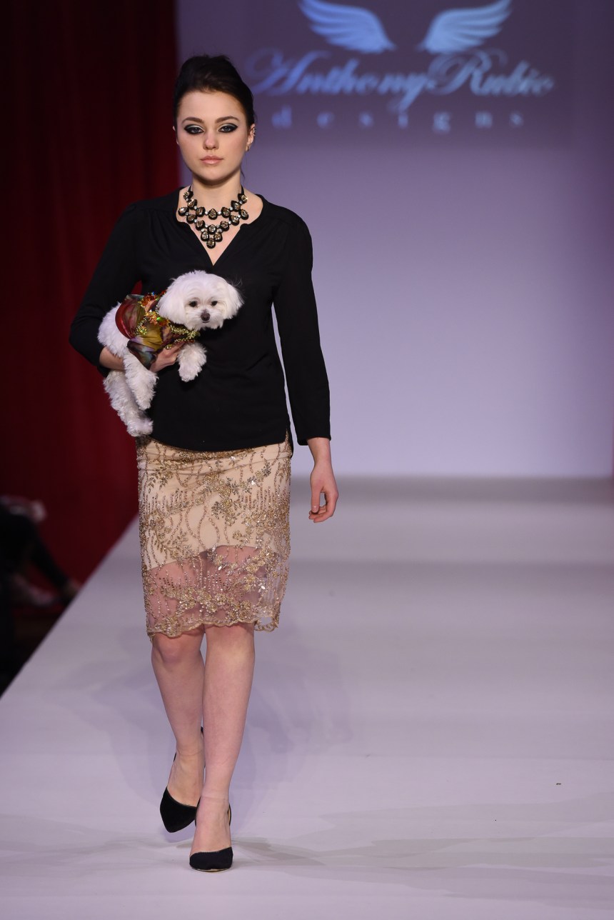 Anthony Rubio Fall/Winter 2016 - New York Fashion Week Women's Wear & Canine Couture Female Model: Olivia Cypcarz Canine Model: Mochi, @MochiAndTheCity Photo by: Ken Alcazar