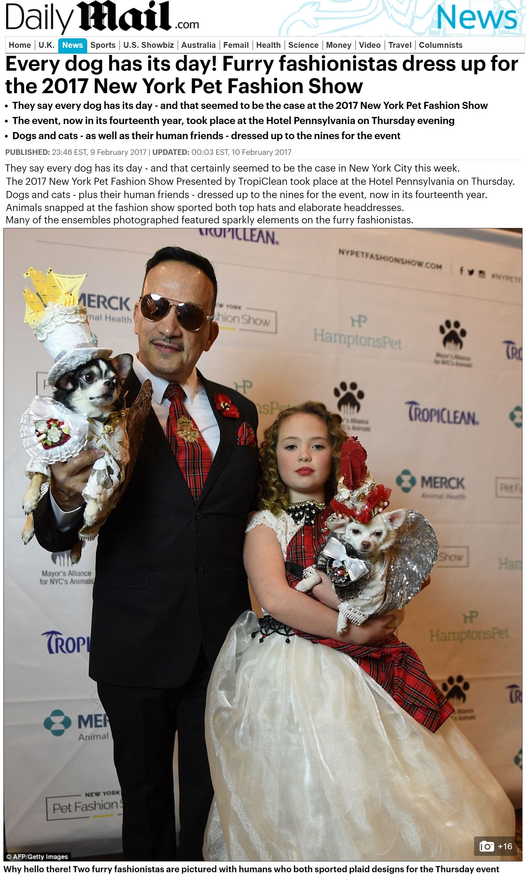 Anthony Rubio featured in the UK Daily Mail. Photo taken at the 2017 New York Pet Fashion show