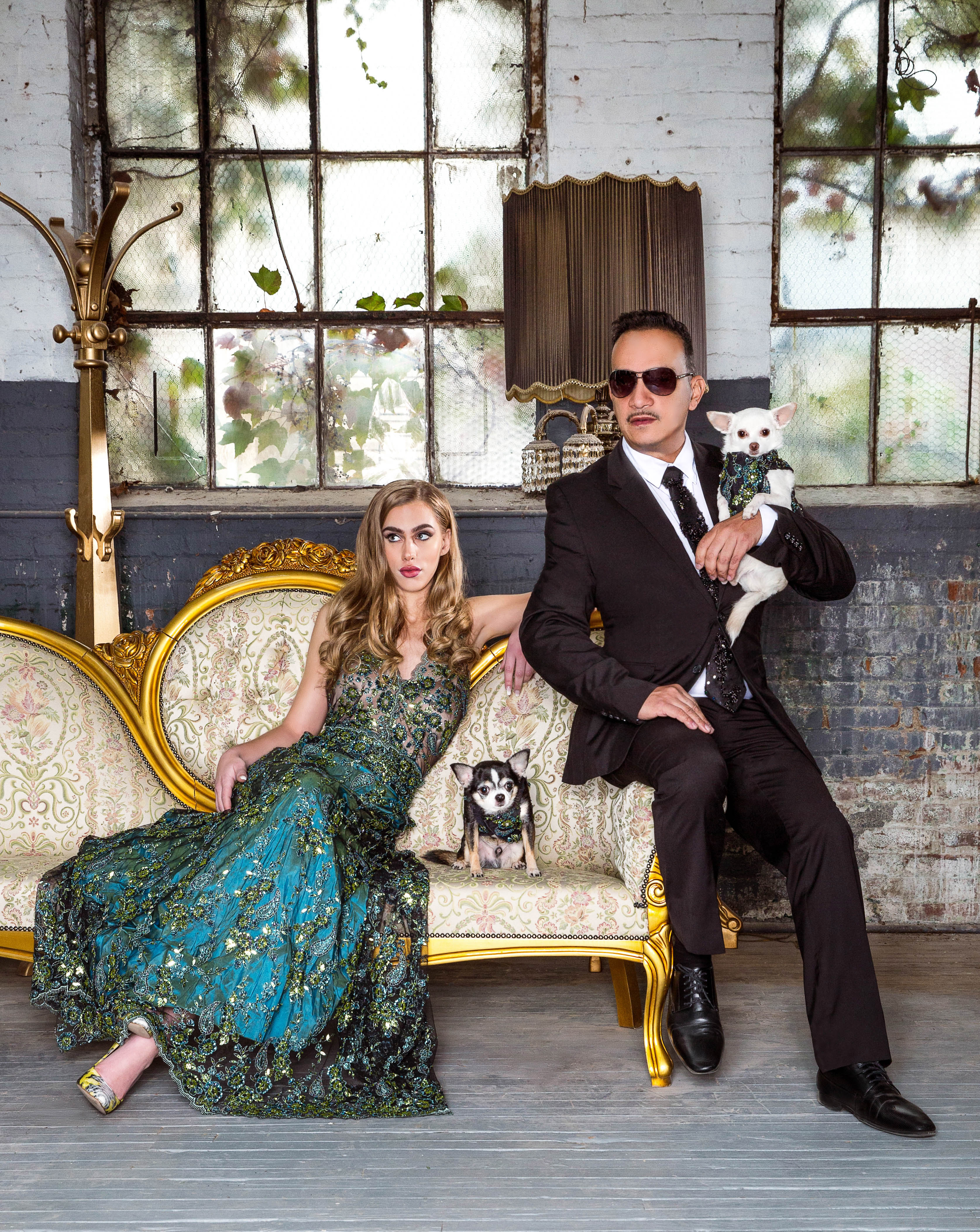 Pet Couturier Anthony Rubio with Chihuahua duo Bogie and Kimba. Model Marissa weraing Women's Wear by Anthony Rubio Photo by Mouhsine Idrissi Janati