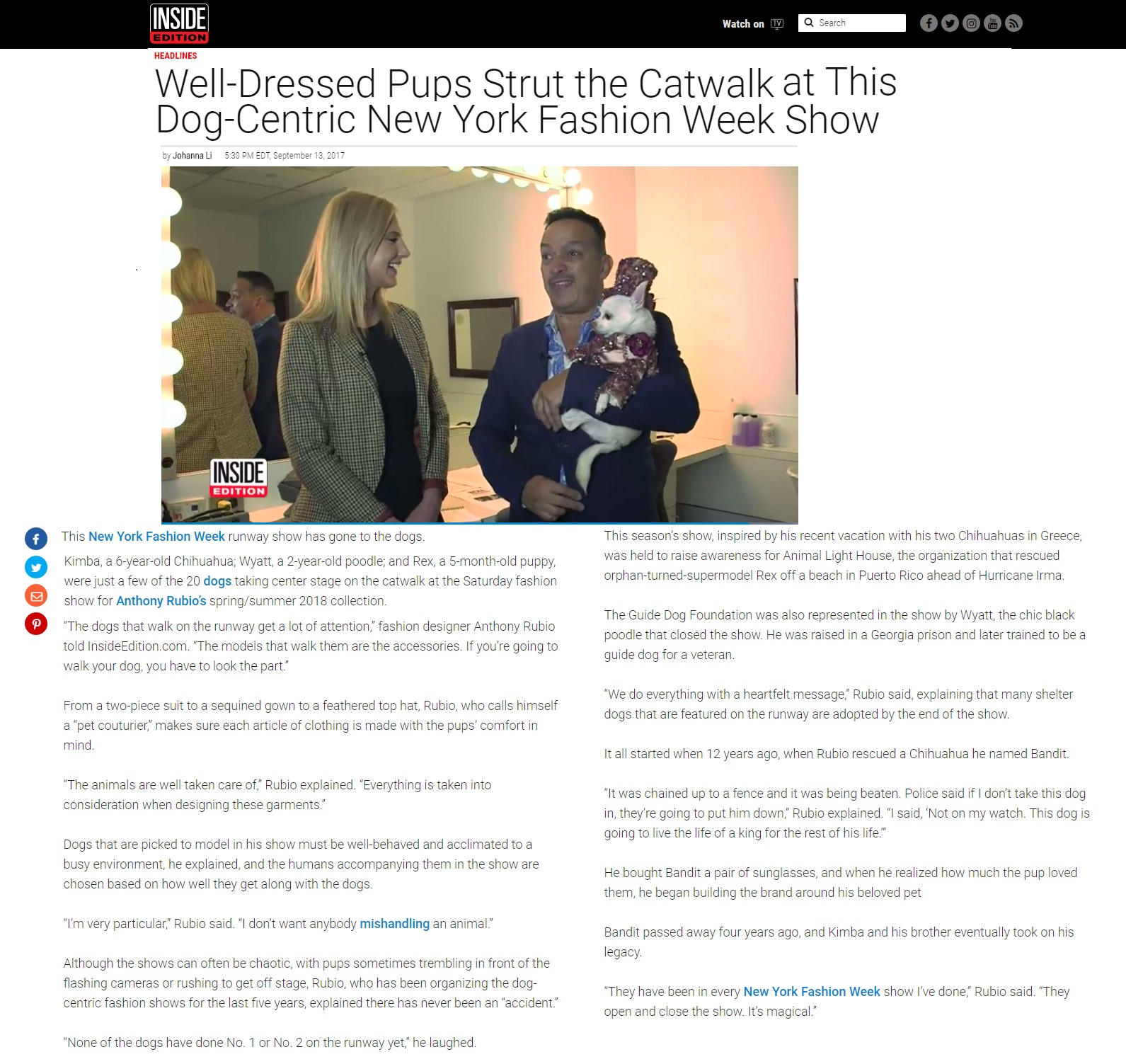 Canine Couture by Anthony Rubio in a TV segment for Inside Edition