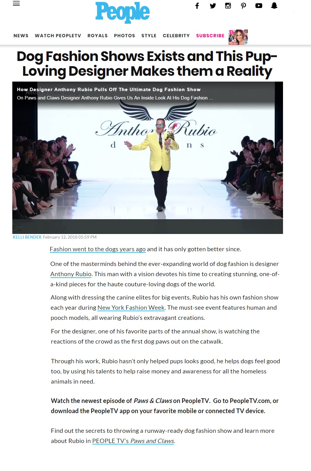 Anthony Rubio featured in a segment of People Magazine TV - Dog Fashion