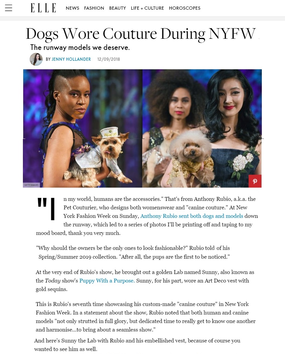 Anthony Rubio New York Fashion Week Show featured in ELLE Magazine